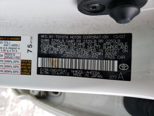 JTDKB20U883351492 - 2008 TOYOTA PRIUS WHITE photo 12