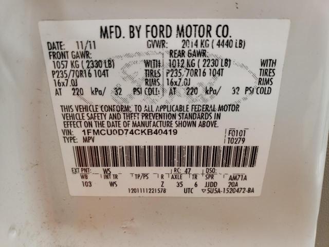 1FMCU0D74CKB40419 - 2012 FORD ESCAPE XLT WHITE photo 13