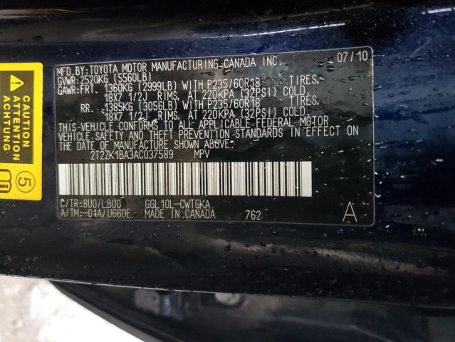 2T2ZK1BA3AC037589 - 2010 LEXUS RX 350 BLUE photo 13