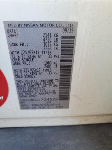 5N1AT2MV2LC724526 - 2020 NISSAN ROGUE S WHITE photo 12