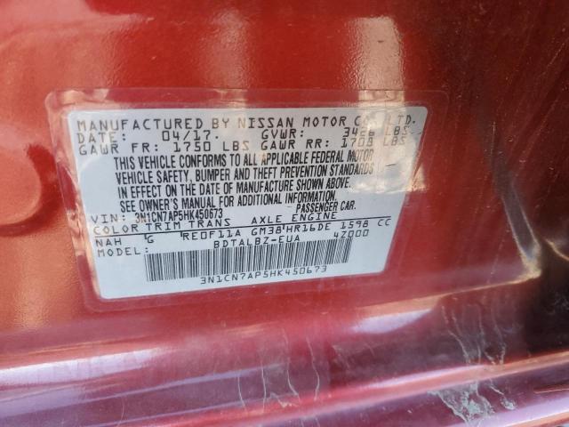 3N1CN7AP5HK450673 - 2017 NISSAN VERSA S RED photo 12