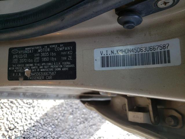 KMHDN45D63U667587 - 2003 HYUNDAI ELANTRA GL GOLD photo 13