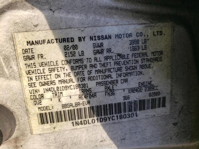 1N4DL01D9YC180301 - 2000 NISSAN ALTIMA XE WHITE photo 12