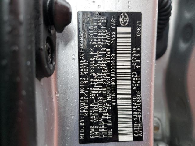 4T1B11HK0JU039629 - 2018 TOYOTA CAMRY L SILVER photo 12