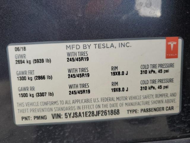 5YJSA1E28JF261868 - 2018 TESLA MODEL S გრაფიტი ფოტო 12