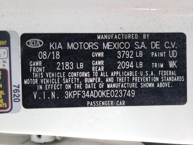 3KPF34AD0KE023749 - 2019 KIA FORTE GT LINE WHITE photo 12