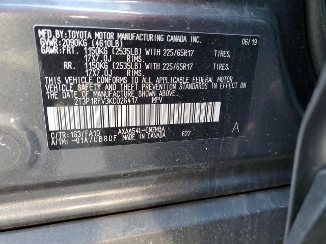 2T3P1RFV3KC026417 - 2019 TOYOTA RAV4 XLE GRAY photo 14