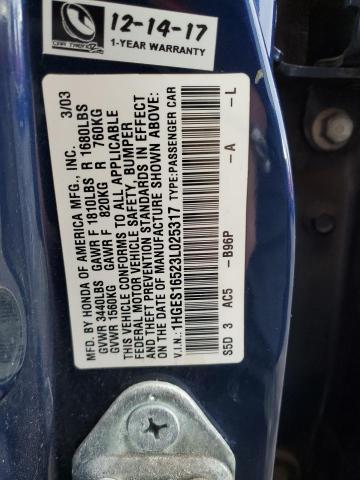 1HGES16523L025317 - 2003 HONDA CIVIC LX BLUE photo 13