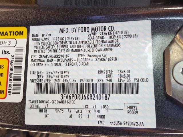 3FA6P0RU6KR240187 - 2019 FORD FUSION TITANIUM  photo 10