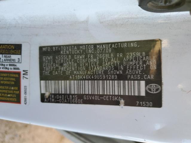 4T1BK46K49U591289 - 2009 TOYOTA CAMRY SE WHITE photo 12