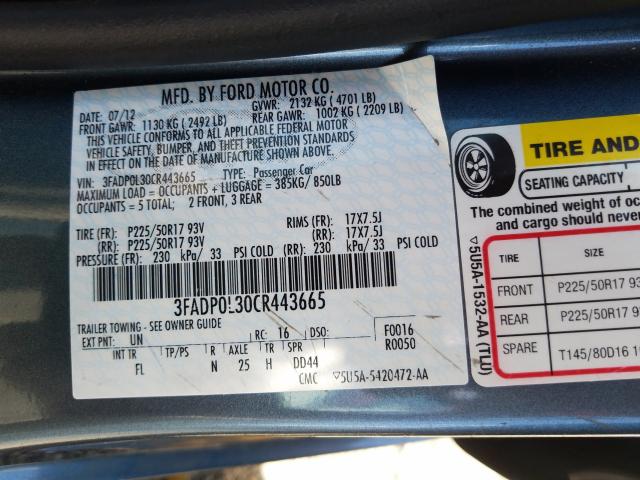 3FADP0L30CR443665 - 2012 FORD FUSION HYBRID  photo 10