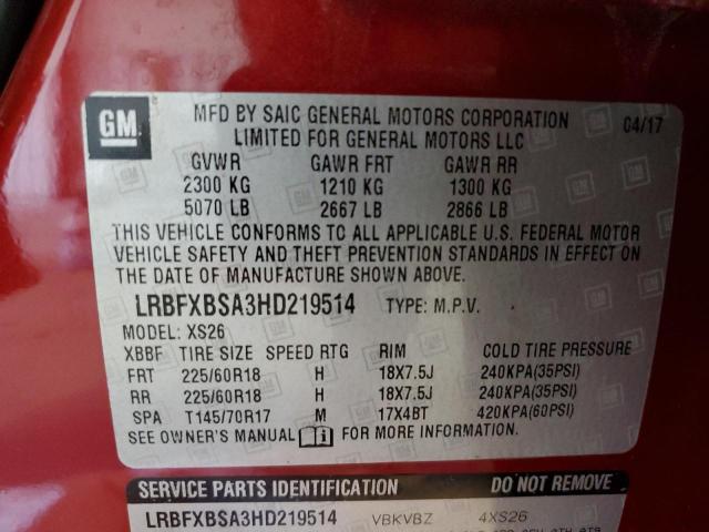LRBFXBSA3HD219514 - 2017 BUICK ENVISION ESSENCE RED photo 13