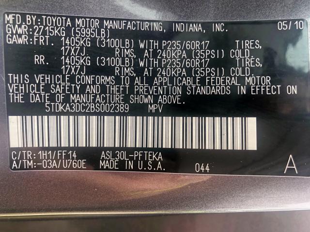 5TDKA3DC2BS002389 - 2011 TOYOTA SIENNA BASE  photo 10