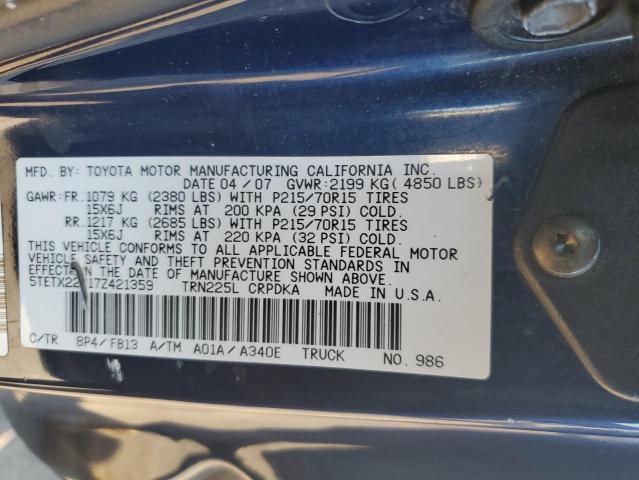 5TETX22N17Z421359 - 2007 TOYOTA TACOMA ACCESS CAB BLUE photo 12