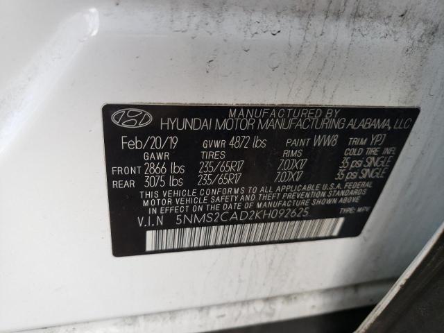 5NMS2CAD2KH092625 - 2019 HYUNDAI SANTA FE SE WHITE photo 13