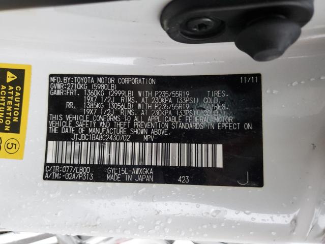 JTJBC1BA8C2430702 - 2012 LEXUS RX 450 WHITE photo 13