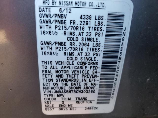 JN8AS5MT8CW303260 - 2012 NISSAN ROGUE S GRAY photo 12