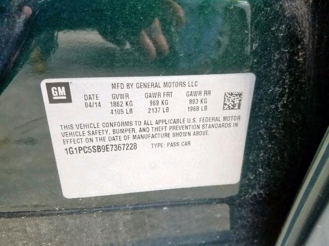 1G1PC5SB9E7367228 - 2014 CHEVROLET CRUZE LT BLACK photo 10