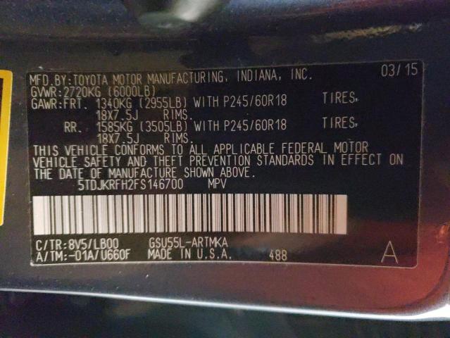 5TDJKRFH2FS146700 - 2015 TOYOTA HIGHLANDER XLE BLUE photo 14