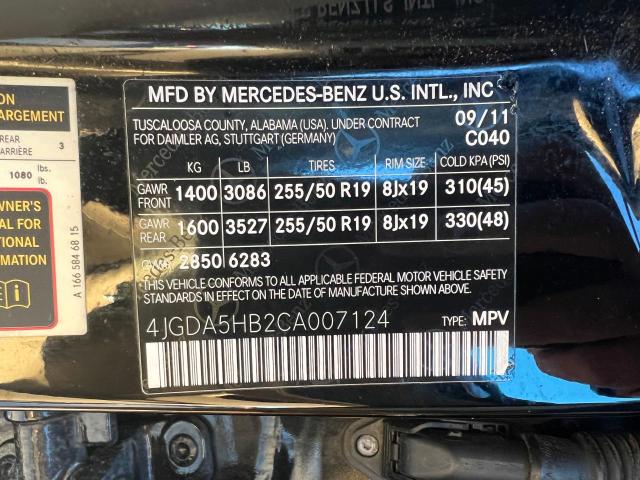 4JGDA5HB2CA007124 - 2012 MERCEDES-BENZ ML 350 4MATIC BLACK photo 10