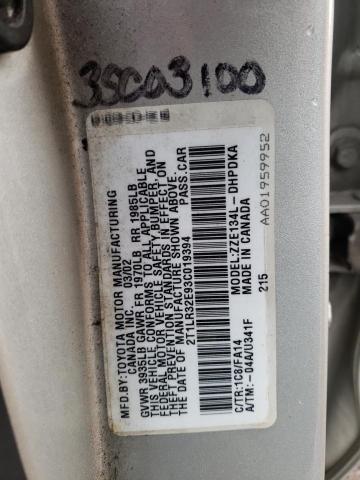 2T1LR32E93C019394 - 2003 TOYOTA COROLLA MA BASE SILVER photo 12