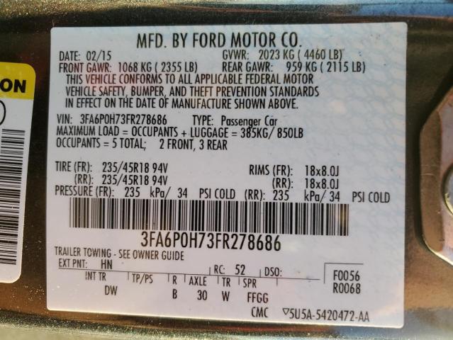 3FA6P0H73FR278686 - 2015 FORD FUSION SE GRAY photo 12