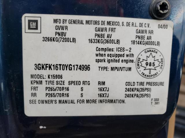 3GKFK16T0YG174996 - 2000 GMC YUKON XL K1500 BLUE photo 13