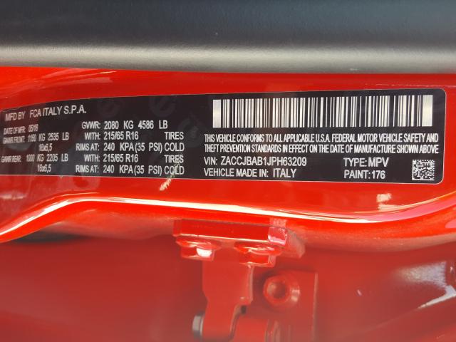 ZACCJBAB1JPH63209 - 2018 JEEP RENEGADE SPORT  լուսանկար 10