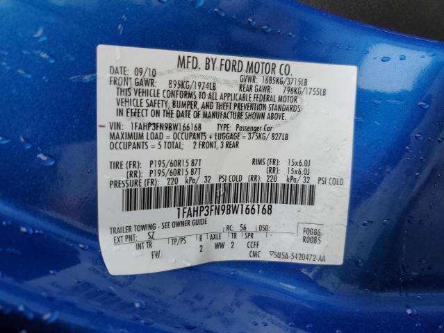 1FAHP3FN9BW166168 - 2011 FORD FOCUS SE BLUE photo 12