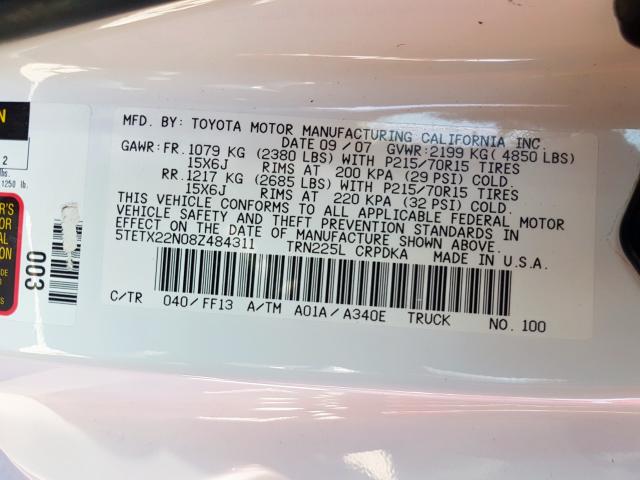 5TETX22N08Z484311 - 2008 TOYOTA TACOMA ACCESS CAB  ფოტო 10