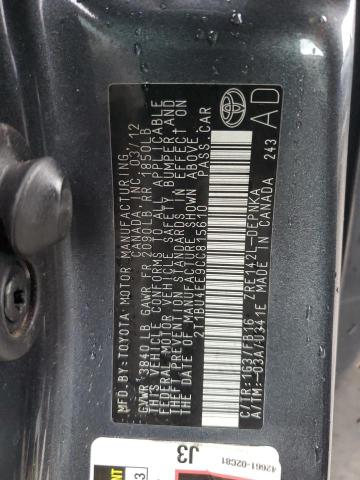 2T1BU4EE9CC815610 - 2012 TOYOTA COROLLA BASE CHARCOAL photo 12