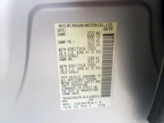 5N1AR18U39C614801 - 2009 NISSAN PATHFINDER S  photo 10