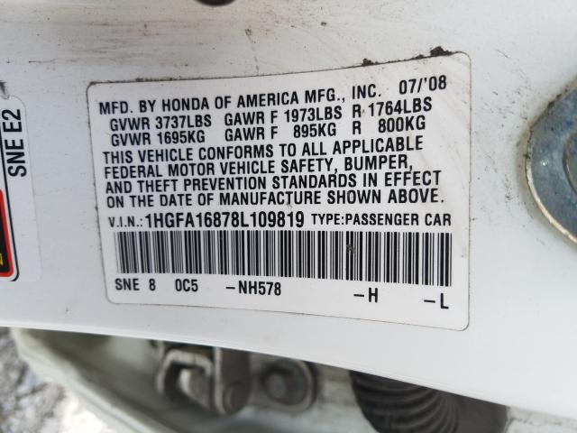 1HGFA16878L109819 - 2008 HONDA CIVIC EX  photo 10