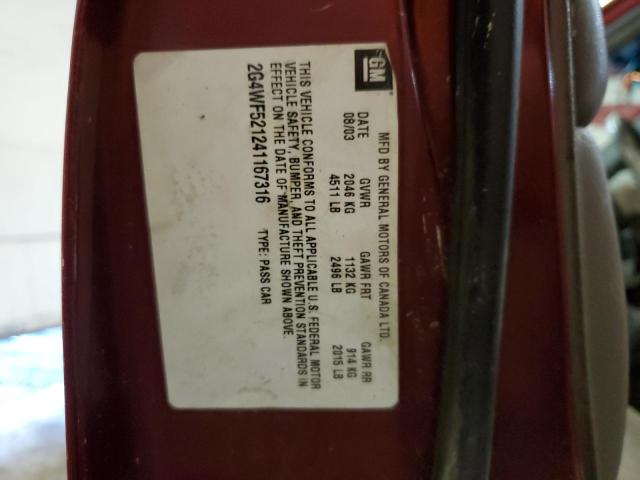 2G4WF521241167316 - 2004 BUICK REGAL GS MAROON photo 12