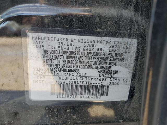 3N1AB7AP4KL604503 - 2019 NISSAN SENTRA S BLACK photo 12