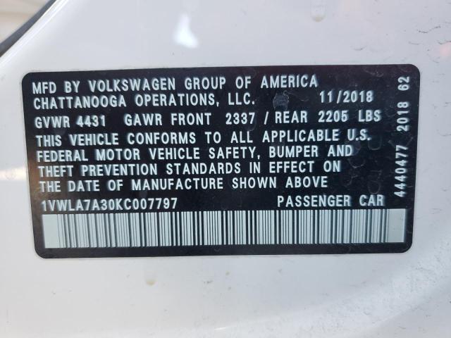 1VWLA7A30KC007797 - 2019 VOLKSWAGEN PASSAT WOLFSBURG WHITE photo 12