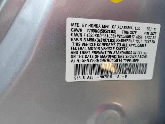 5FNYF3H44BB045814 - 2011 HONDA PILOT EX SILVER photo 13