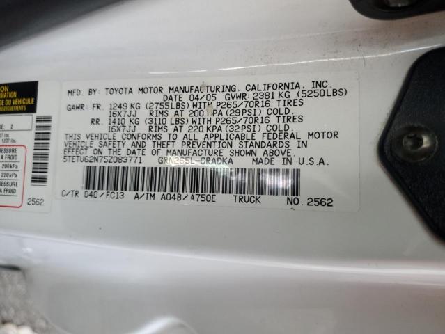 5TETU62N75Z083771 - 2005 TOYOTA TACOMA PRERUNNER ACCESS CAB WHITE photo 12