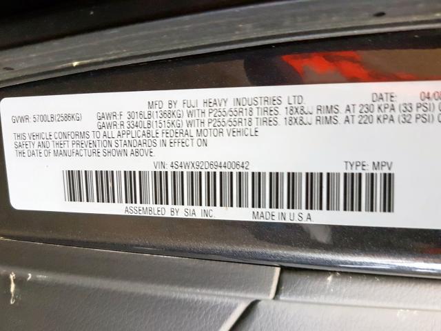 4S4WX92D694400642 - 2009 SUBARU TRIBECA LIMITED  photo 10