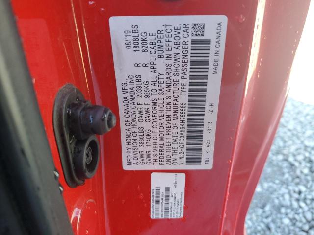 2HGFC3A56KH755585 - 2019 HONDA CIVIC SI RED photo 12