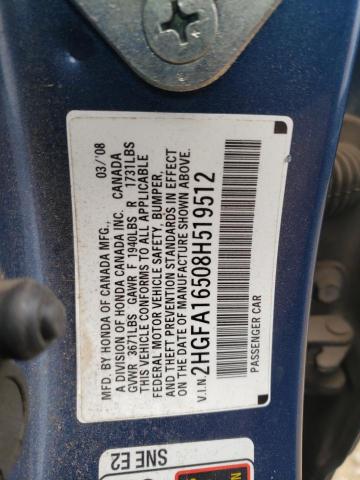 2HGFA16508H519512 - 2008 HONDA CIVIC LX BLUE photo 12