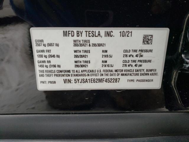 5YJSA1E62MF452287 - 2021 TESLA MODEL S Սև լուսանկար 12