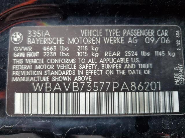 WBAVB73577PA86201 - 2007 BMW 335 I BLACK photo 12