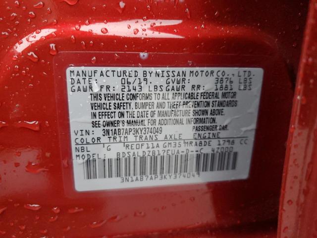 3N1AB7AP3KY374049 - 2019 NISSAN SENTRA S RED photo 12