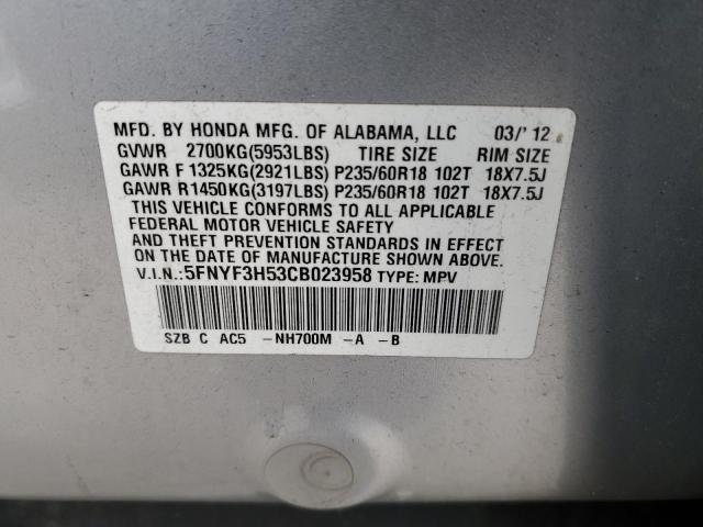 5FNYF3H53CB023958 - 2012 HONDA PILOT EXL SILVER photo 13