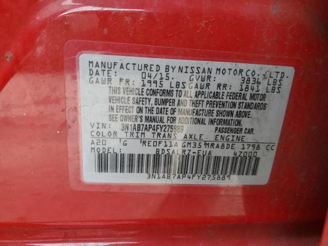 3N1AB7AP4FY275889 - 2015 NISSAN SENTRA S RED photo 12