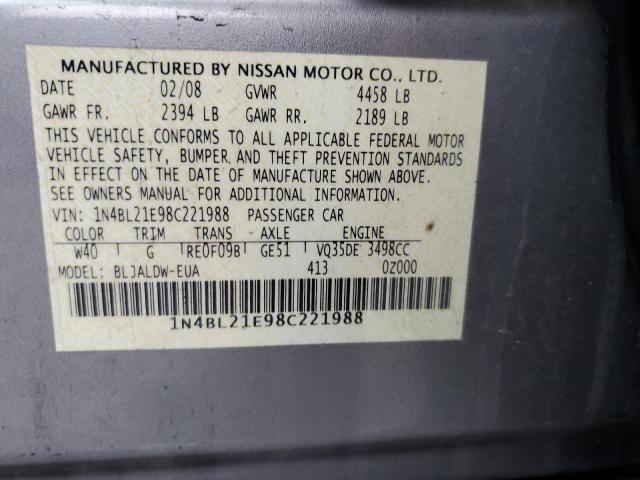 1N4BL21E98C221988 - 2008 NISSAN ALTIMA 3.5SE GRAY photo 12