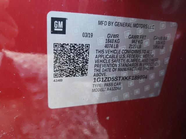 1G1ZD5STXKF189894 - 2019 CHEVROLET MALIBU LT MAROON photo 12