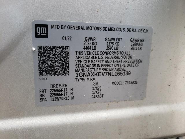 3GNAXKEV7NL165139 - 2022 CHEVROLET EQUINOX LT SILVER photo 12