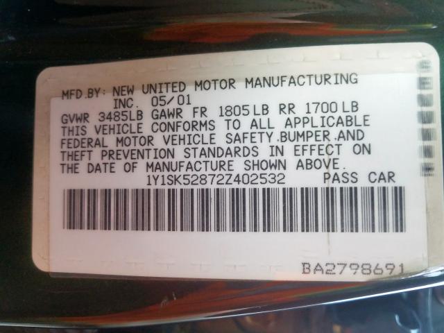 1Y1SK52872Z402532 - 2002 CHEVROLET GEO PRIZM BASE  photo 10